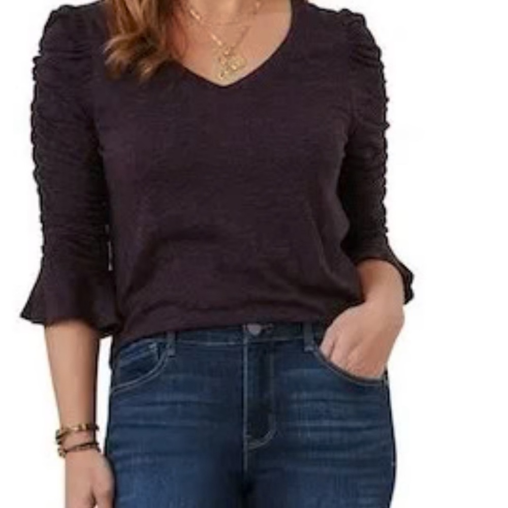 Nation LTD, shirred sleeve v-neck tee, deep plum